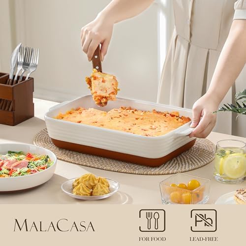 MALACASA Large 9x13 Ceramic Baking Dish with Rack, 4.8 Qt, Khaki &