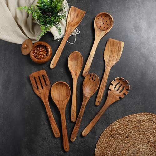 Acacia wood cooking utensils set of 8, 12 inch long wooden spatula set