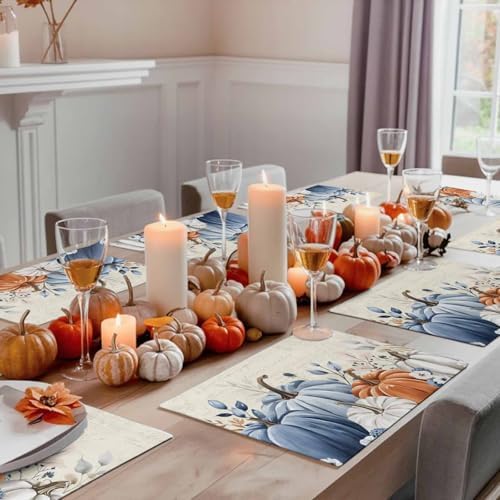 Fall Placemats Set of 4 Blue Pumpkin Place Mats Floral Leaves Autumn