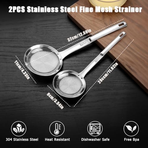 2PCS Stainless Steel Fine Mesh Skimmer, Fat Skimmer Spoon, 2 Sizes