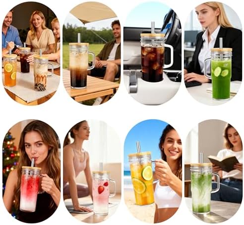 Birity 24oz Glass Tumbler with/Lid & Straw, Handle 2‐Pack Iced Coffee