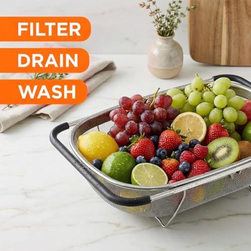 Over Sink Colander with Expandable Handle Oval Sifter