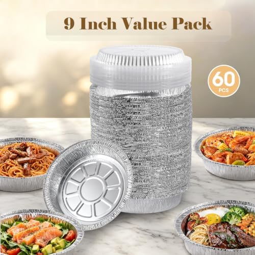 60 Pack 9” Round Aluminum Pans with Clear Lids, Disposable Foil Pie