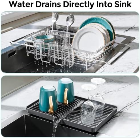 Delamu Over Sink Dish Drying Rack with Drainboard for Small Kitchen Counter
