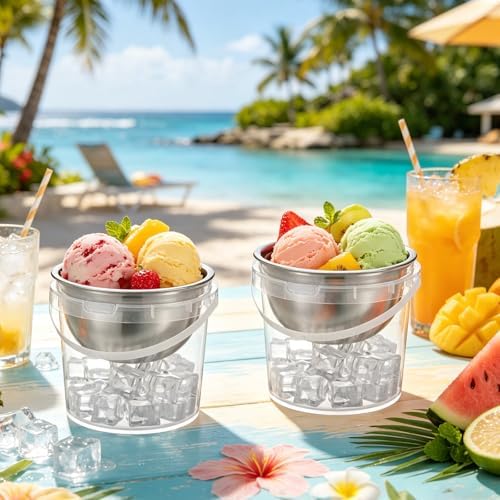 6 Pack 34 oz Chilled Dip Bowl and 68 oz Ice Bowl Base with Handle, Stainless Steel Ice Chilled Serving Dish Iced Salad Bowl Set for Chilled Pasta Salads Dips Potato Dressing BBQ Party Favor