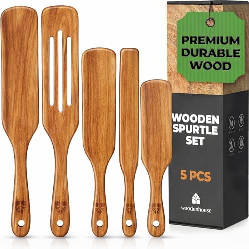 Teak Spurtle Set of 5, Wooden Spurtle Spatula Kitchen Tools for
