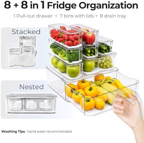 SMRCAD Clear Fridge Bins with Drain Trays - BPA-Free PET, Stackable