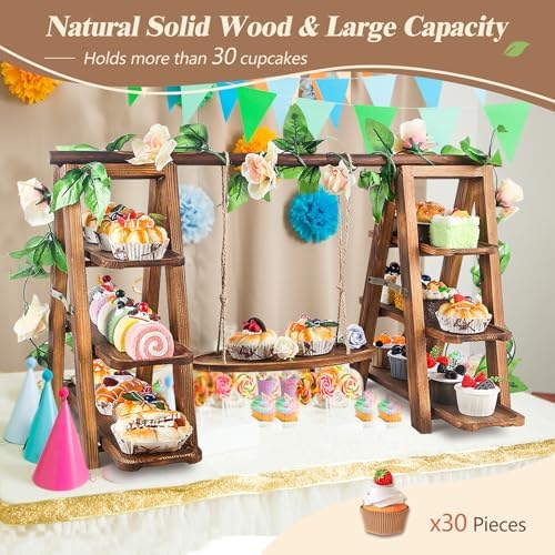 Wisreach Wooden 3 Tier Cupcake Stand with Swing and Flower Decoration