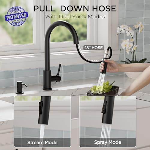 FORIOUS Pull Down Kitchen Faucet with Soap Dispenser, Matte Black