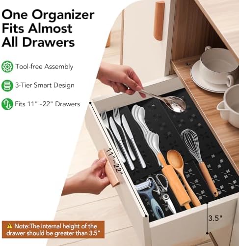 Spice Drawer Organizer 3-Tier Expandable (11"-22" Wide), Spice Rack