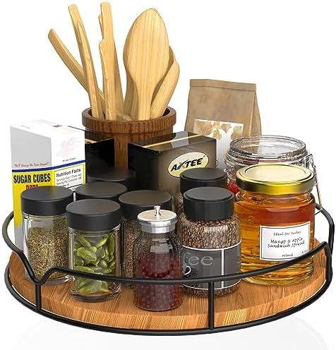 Lazy Susan Turntable Organizer for Cabinet Pantry Kitchen Countertop Refrigerator Cupboard, Pine Wood, 9", Carbonized Black
