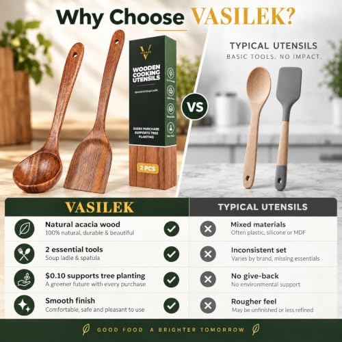 Vasilek Wooden Cooking Utensils, Acacia Wood Spatula & Soup Ladle