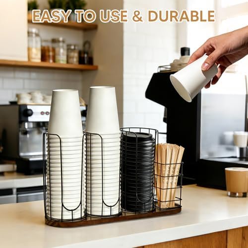 4-Compartment 18oz Coffee Cup Dispenser Rack with Wood Base