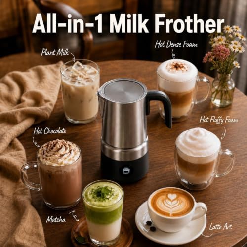 AMZCHEF Electric Milk Frother and Steamer, 8-in-1 Hot & Cold Foam
