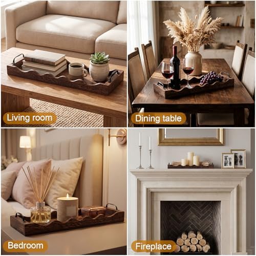 4 Pcs Scalloped Rustic Wooden Serving Trays with Handle, Brown