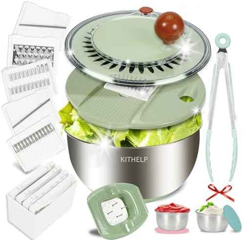 KITHELP Stainless Steel Salad Spinner Large 5.3Qt, Lettuce Spinner Dryer with 5 Blades Slicer, Vegetable Spinners, Lettuce Spinner, Fruit Washer Bowl with Strainer, Non-Slip Base, Dishwasher Safe
