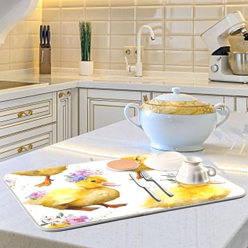 OTVEE Baby Duck Pattern Dish Drying Mat for Kitchen Counter Absorbent