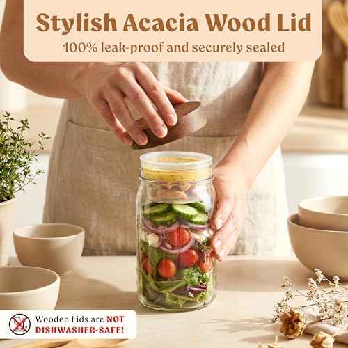 EDELHAUS Glass Salad Jars with Acacia Lids, 4 Pack