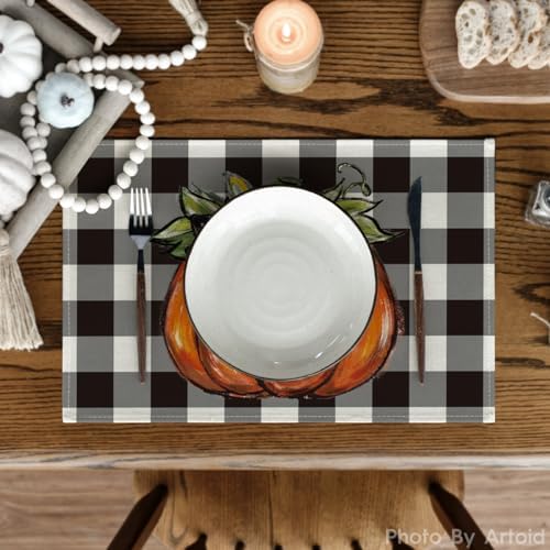 Artoid Mode Buffalo Plaid Pumpkin Fall Placemats Set of 6-12 x 18 Inch