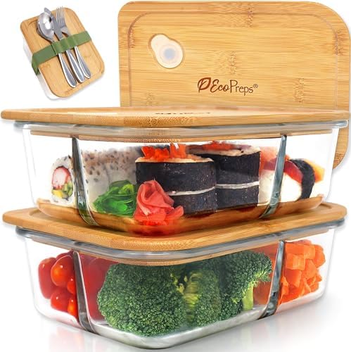 EcoPreps Large Glass Bento Box Containers with Bamboo Lids, 3