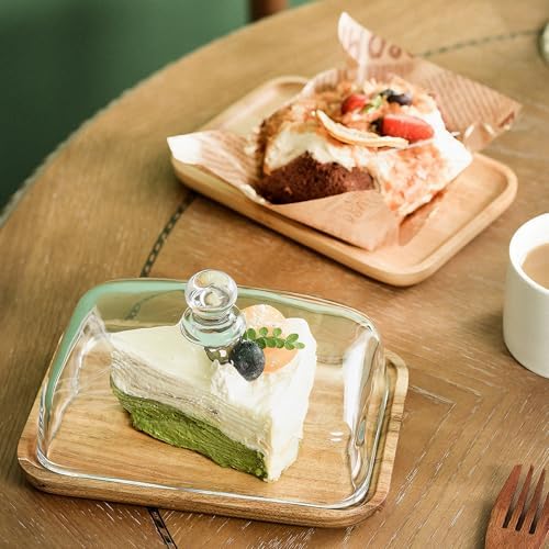 Glass Butter Dish with Lid, 1PC Wooden Wide Butter Holder for