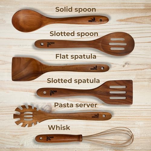 6-Piece Natural Teak Kitchen Utensil Set with Linen Bag