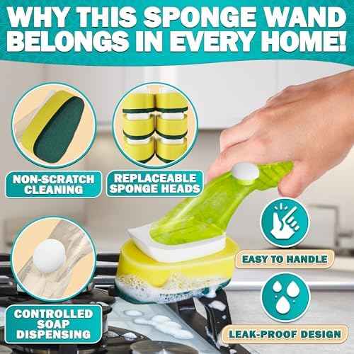Dish Wand with Soap Dispenser, 7 Sponge Refills, Non-Scratch Head
