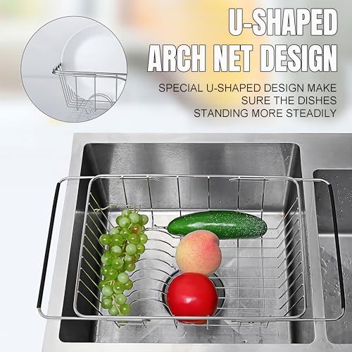 Expandable Dish Drying Rack, Rustproof Stainless Over Sink Dish Drainer Rack Basket Shelf, 304 Stainless Steel Metal Dish Drainer in Sink or On Counter Organizer Dish Dryer Rack for Inside Sink