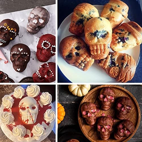 Sakolla Large Skull Cake Pan Silicone Mold, 2 Pack 6 Cavity Halloween
