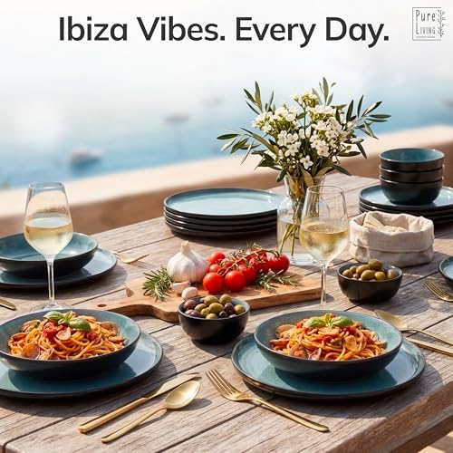 32 Piece Stoneware Dinnerware Set for 8, Handcrafted Plates and Bowls Set