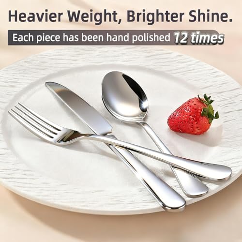 24 Piece Silverware Set for 8, Stainless Steel Heavy Forks Spoons and Knives Set, Mirror Finish Flatware Dishwasher Safe for Family Picnics Daily Gatherings