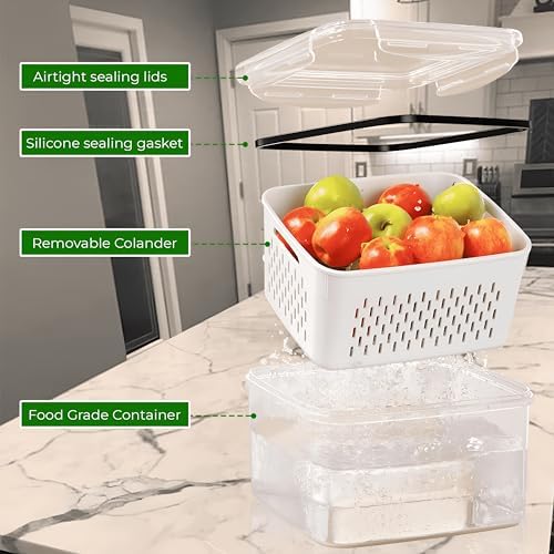 Fruit Storage Containers for Fridge, 4 Pieces, Removable Colander