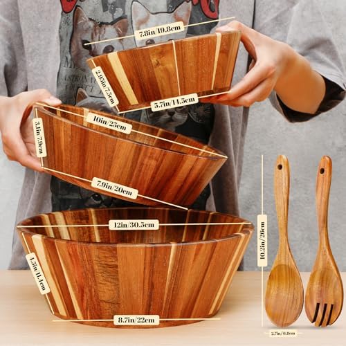 Yunlly Wooden Salad Bowl Set of 5 Acacia Wood with Utensils, Round