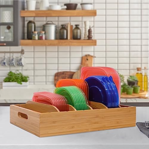 Bamboo Lid Holder Food Container, Kitchen Organizer with 5 Adjustable