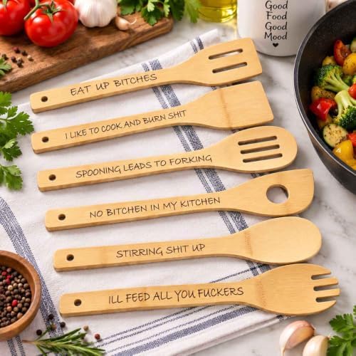 6 Pack Cursing Cutlery Wooden Spoons Funny Wooden Spoons Bamboo