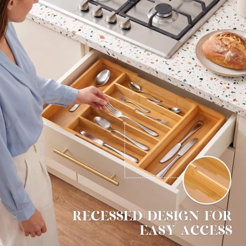 Bamboo Silverware Organizer, Expandable Bamboo Kitchen Drawer Cutlery Organizer, 18.5"x13.3" Flatware Organizer Tray, Utensil Holder