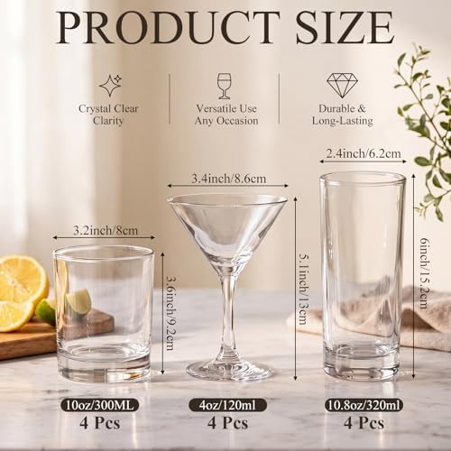 12 Set Mixed Cocktail Glasses, Rock & Martini & Highball Glasses