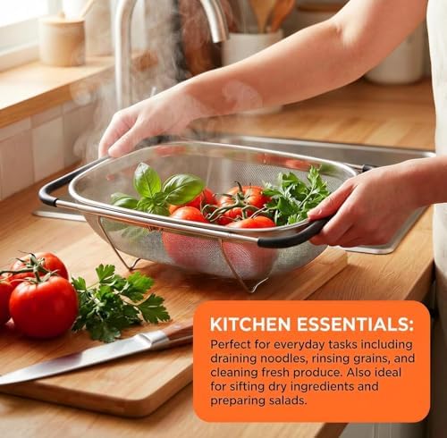 Over the Sink Colander, 6 Quart Stainless Steel Expandable Strainer