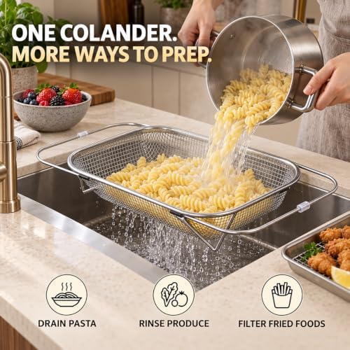 Expandable Over Sink Colander, Stainless Steel Fine Mesh Strainer