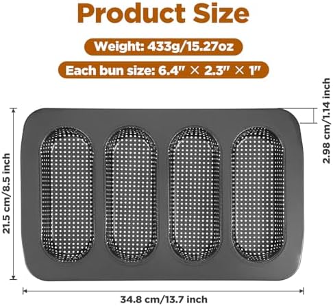 2 Pcs Hot Dog Bun Pan, 4 Cavity Perforated Carbon Steel Bread Loaf