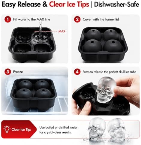 3D 4-Cup Skull Ice Cube Mold w/Reinforced Hard Base & Funnel Lid