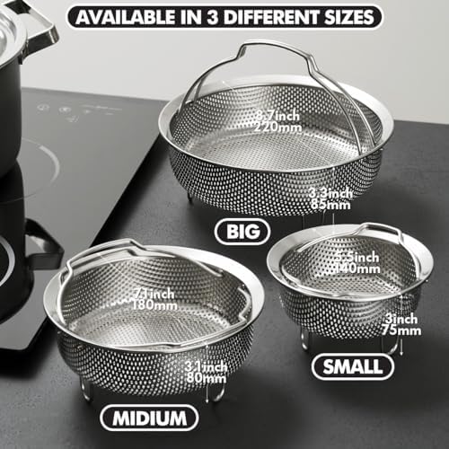 On-the-go Instant Steamer Basket with handles & Feet, Premium SUS304 Stainless Steel Construction, Multipurpose Perforated Strainer Colander Basket for Fruits & Vegetables (8.7" Diameter)