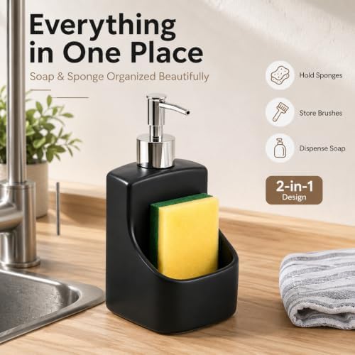 2 in 1 Soap Dispenser with Sponge Holder, Ceramic, Black