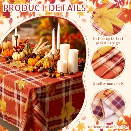 Irenare Fall Tablecloth 60 x 84 Inch, Tartan Plaid Maple Leaves