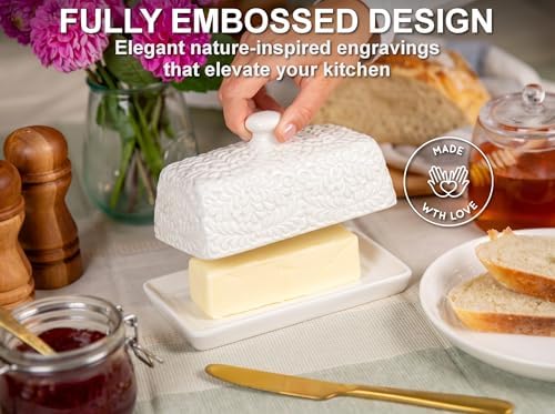 Large Ceramic Butter Dish with Lid, 7.9 x 4.1 x 3.1 Inches, Embossed