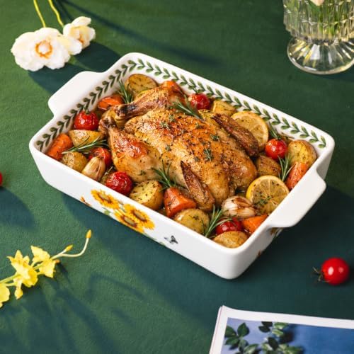 Ceramic Bakeware Set, Floral Pattern Casserole Dishes with Handles