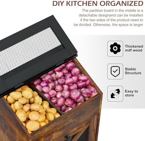 Wooden Potato and Onion Storage Bin w/Lid, Large Capacity and