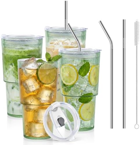 4 Pcs 20oz Plastic Ribbed Tumblers with Lid and Straws Green Plastic