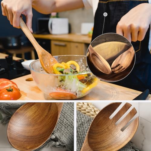 Teak Wood Salad Serving Spoon and Spork 13-Inch, Large Wooden Salad