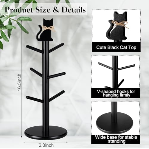 Black Cat Mug Tree with 6 Hooks Gothic Coffee Cup Holder Stand